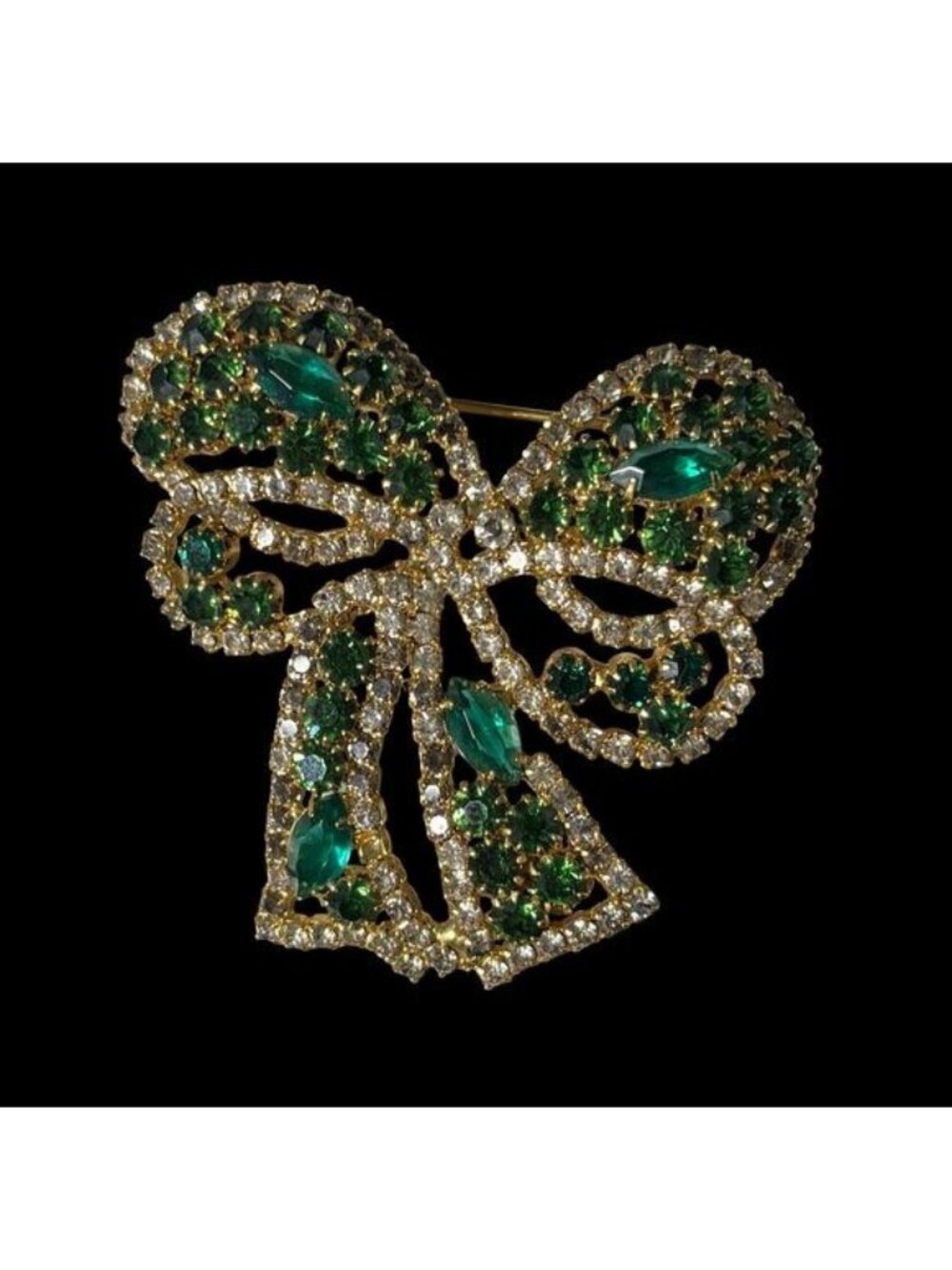 Kenneth Lane Green and Clear Rhinestone Bow Ribbon Brooch